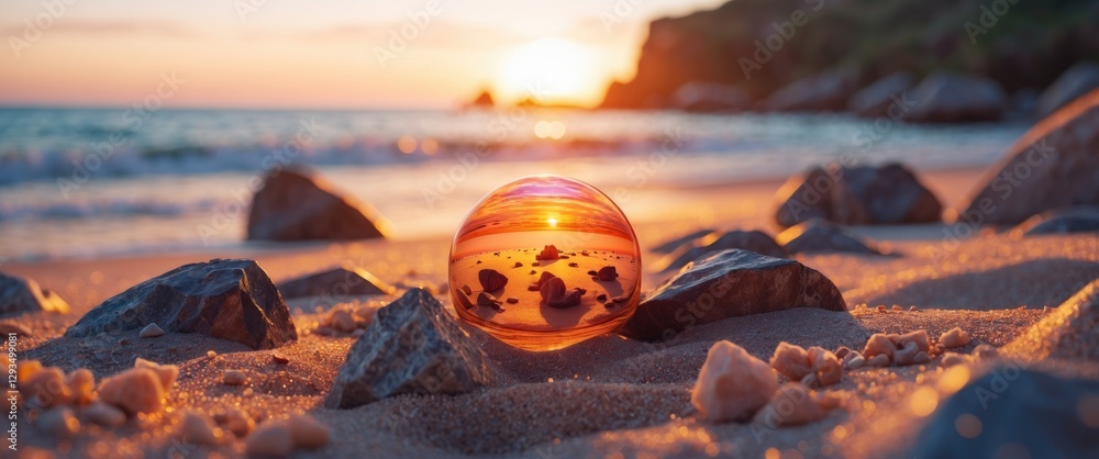 Poster beach sunset reflection in a glass orb surrounded by rocks and sand showcasing a dreamy shallow dept