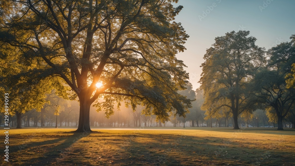 Poster morning light through trees in park with open space for text and softly illuminated landscape