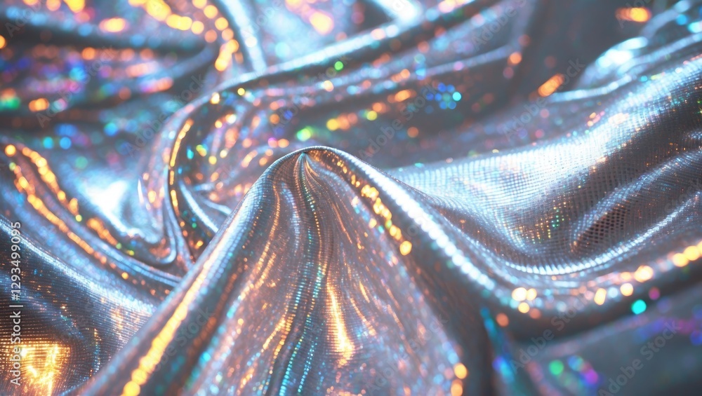 Aufkleber Silver holographic fabric with shimmering textures reflecting light, creating a stylish and dynamic background for creative designs.