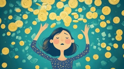 Joyful Woman Surrounded by Falling Gold Coins in a Dreamlike Atmosphere, Expressing Delight and Wonder with a Grateful Smile while Coins Cascade Around Her