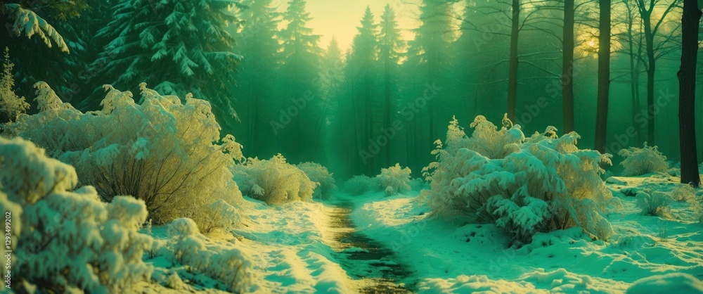 Poster winter forest landscape with vibrant green tones contrasting against snow and trees creating a seren