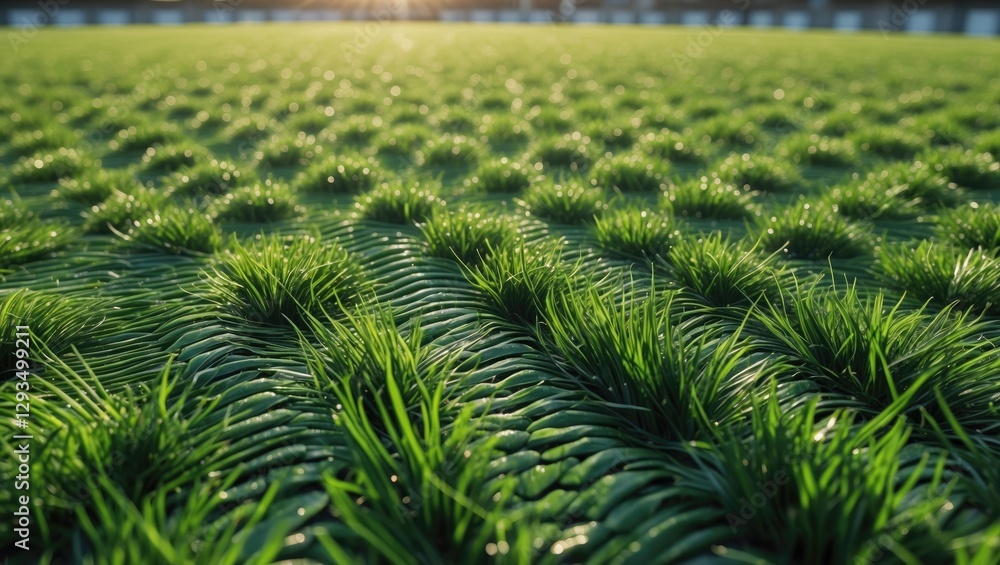 Poster Lush Artificial Grass Field Under Warm Sunlight with Selective Focus and Blank Space for Custom Text Addition