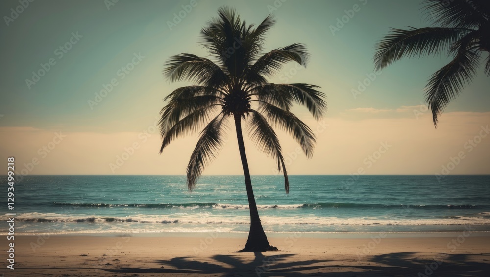 Aufkleber serene beach scene featuring silhouette of palm tree against ocean waves with vintage filter and spa