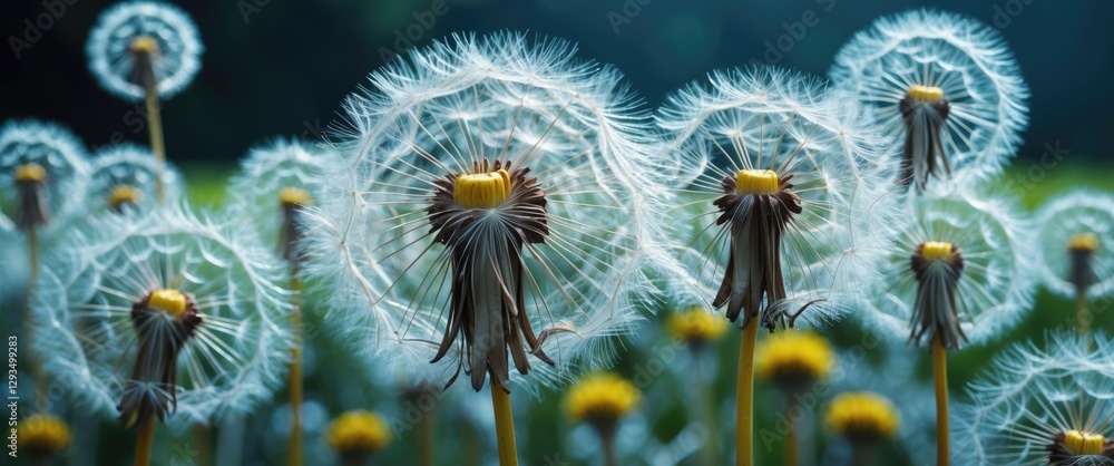 Aufkleber dandelion seed heads in a field displaying intricate pappus structures against a softly blurred back