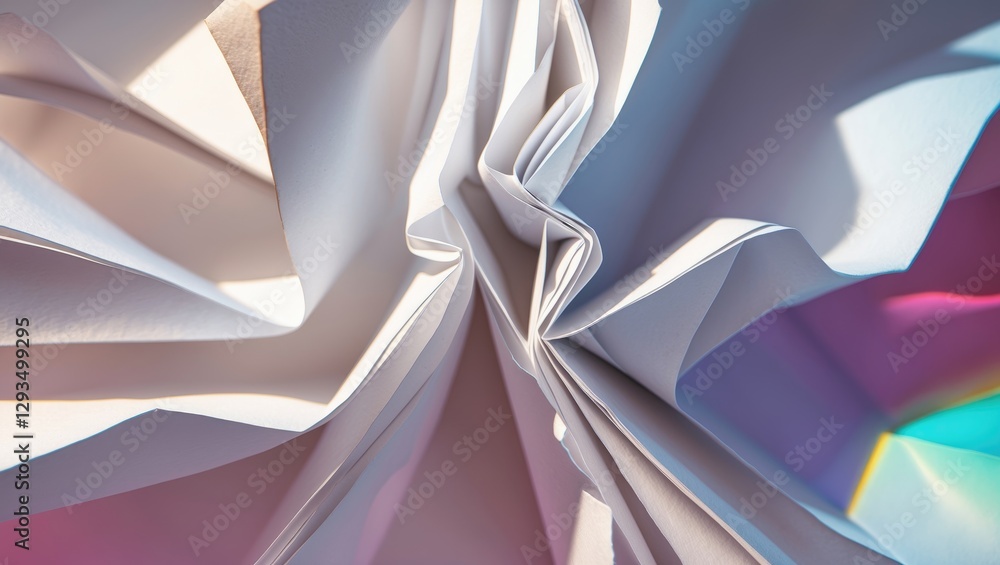 Poster crumpled white paper texture showcasing intricate folds and soft shadows in a vibrant light setting.
