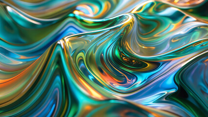 Hyper-Detailed Molten Glass with Swirling Iridescent Emerald and Sapphire Hues