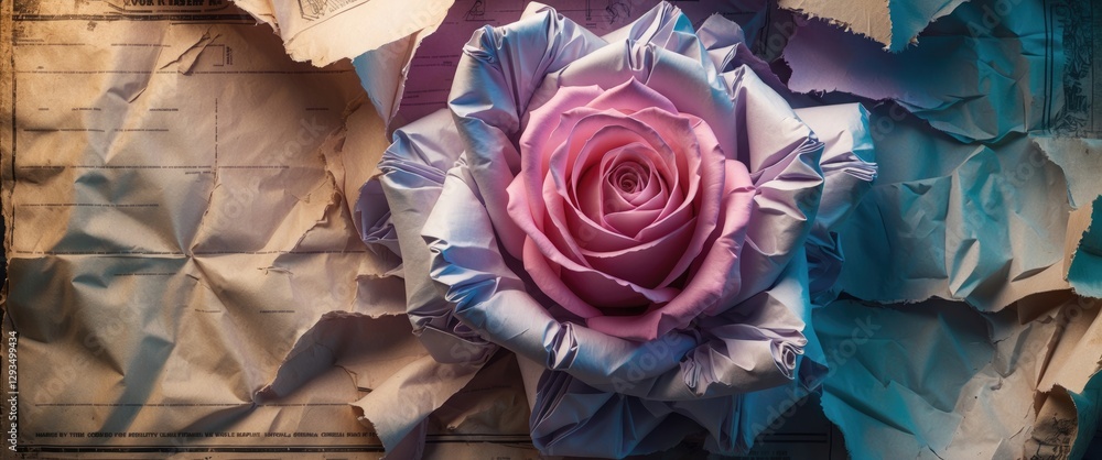 Aufkleber vintage crumpled paper texture with a delicate pink rose, creating an elegant and nostalgic backgrou