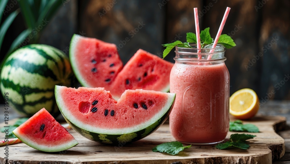 Poster fresh watermelon slices and refreshing smoothie in jar with mint on rustic table