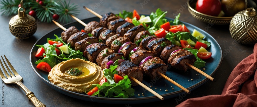 Aufkleber grilled shish kebab platter with fresh salad and hummus served on a decorative table for a festive c