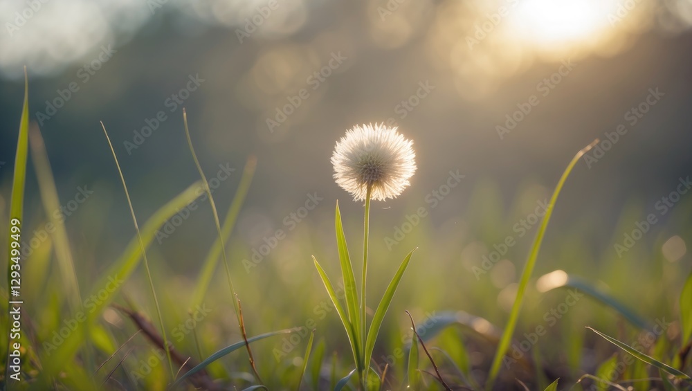 Poster delicate dandelion flower glowing in sunlight with soft blurred background and ample copy space for 