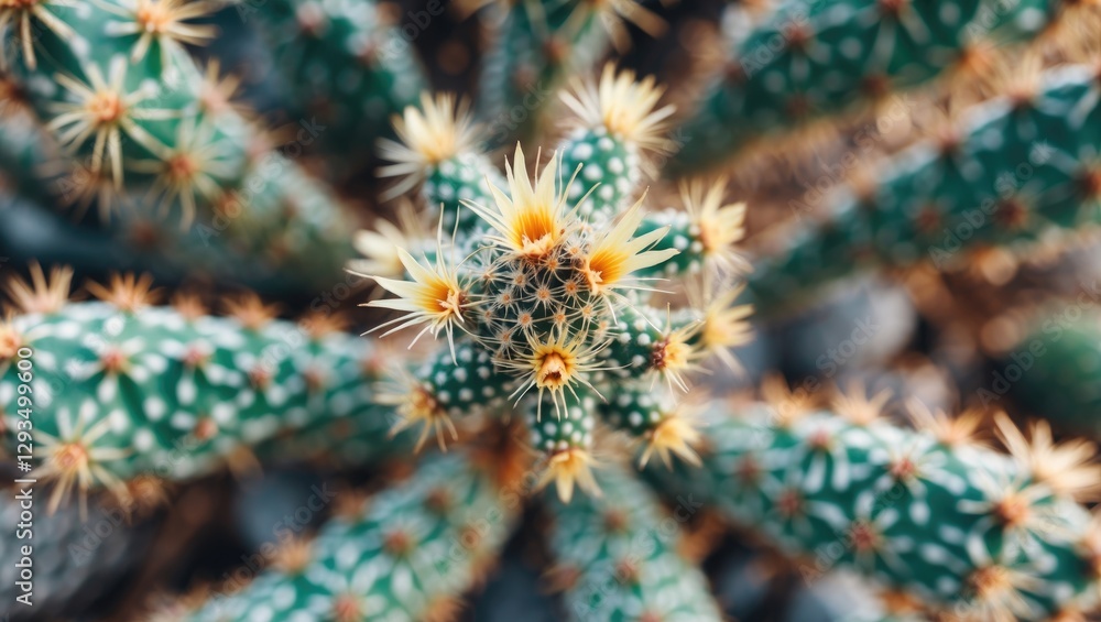 Poster top-view close-up of a vibrant cactus with yellow flowers and spines in natural setting