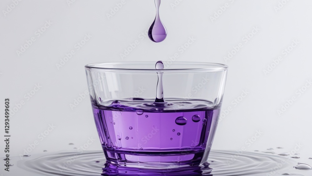 Poster violet ink drop creating ripples in a clear glass bowl against a minimalist white background highlig