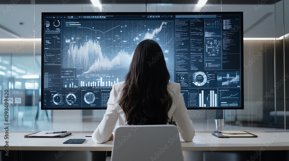 Poster woman analyzing data on a large screen in modern office, focused on graphs and statistics.