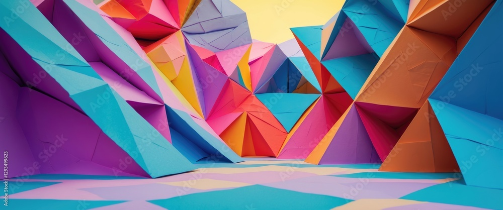 Poster vibrant geometric paper landscape featuring colorful abstract textures and shapes in a dynamic 3d co