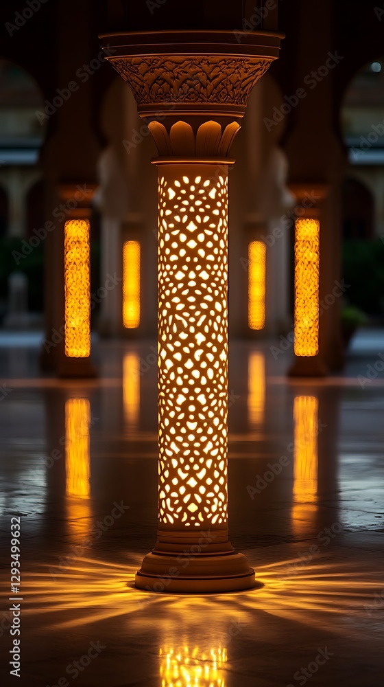 Poster illuminated column illuminates a hall with architectural columns and soft lights