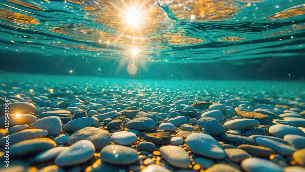 Aufkleber Sunlight reflects on a pebble seabed underwater creating a serene and captivating natural background in shallow clear sea water.