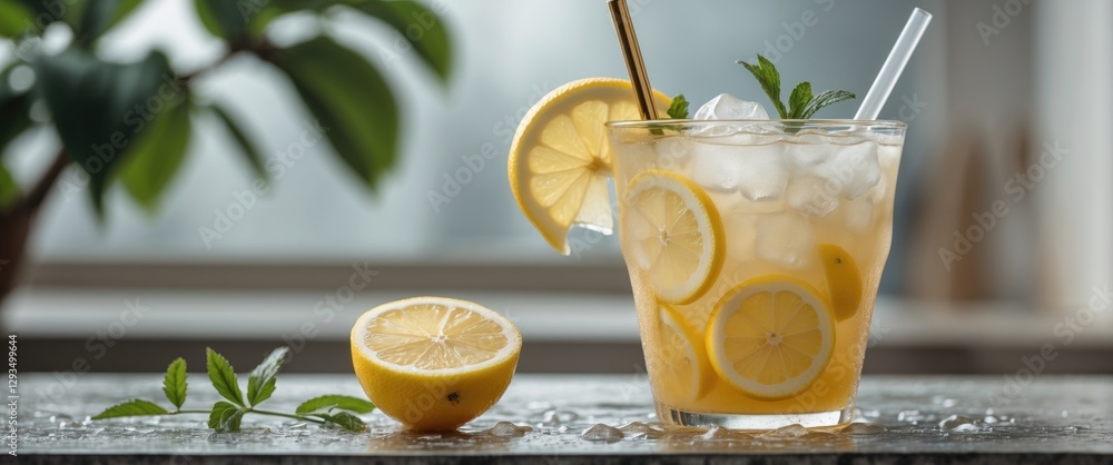 Poster Refreshing Iced Lemonade in Glass with Mint Leaves and Slices on Wooden Surface Natural Light with Empty Space for Text or Branding