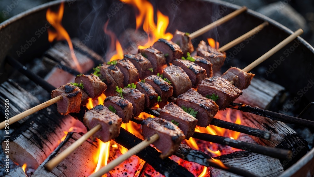Poster lamb shashlik skewers grilling over a bonfire with flames and smoke in a rustic outdoor setting