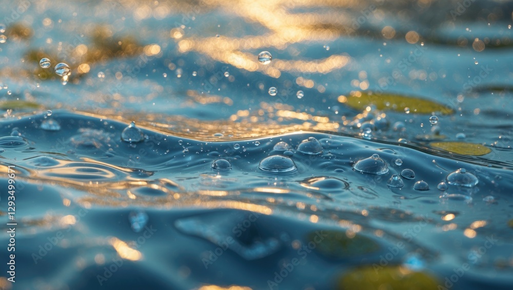 Poster close-up view of shimmering water surface with droplets and subtle waves illuminated by soft light r