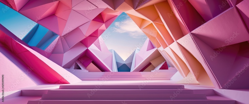 Poster geometric abstract architecture with colorful paper texture creating a vibrant surreal background an