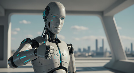 Robot facing the screen and giving a thumbs up