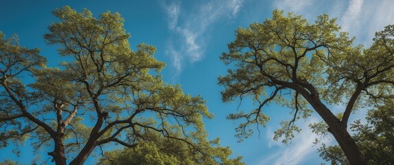 Obraz premium Lush green trees silhouetted against a vibrant blue sky creating a tranquil and inviting natural landscape scene.