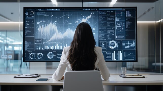 Woman analyzing data on a large screen in modern office, focused on graphs and statistics.
