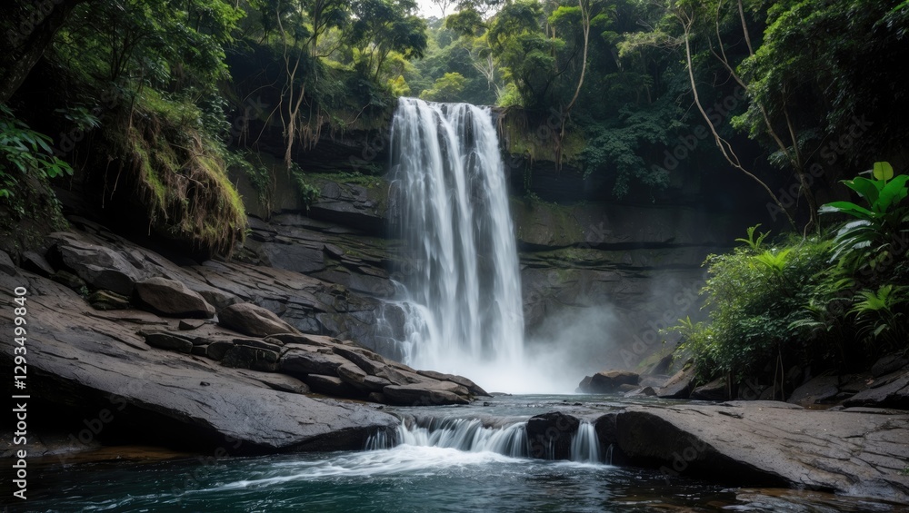 Poster majestic waterfall cascading over rocky terrain in lush rainforest setting with serene water pool an