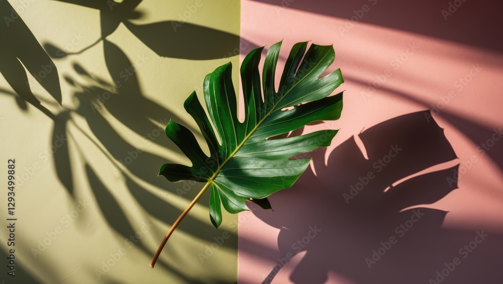 Aufkleber Exotic Leaf Casting Shadows On Textured Background With Soft Lighting And Color Contrast