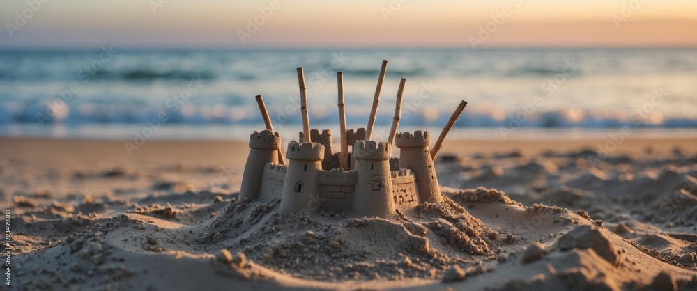 Aufkleber sandcastle with sticks on beach during sunset creating a peaceful scene perfect for childhood memori