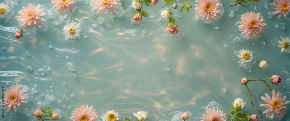 Poster serene water surface with fresh flowers and bubbles creating a tranquil background for text or desig