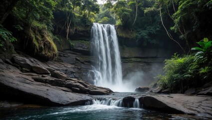 Obraz premium Majestic waterfall cascading over rocky terrain in lush rainforest setting with serene water pool and empty space for text.