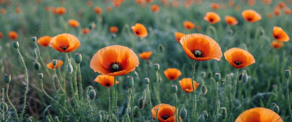 Poster vibrant poppy flowers blooming in a spring meadow with lush greenery and clear space for text or ins