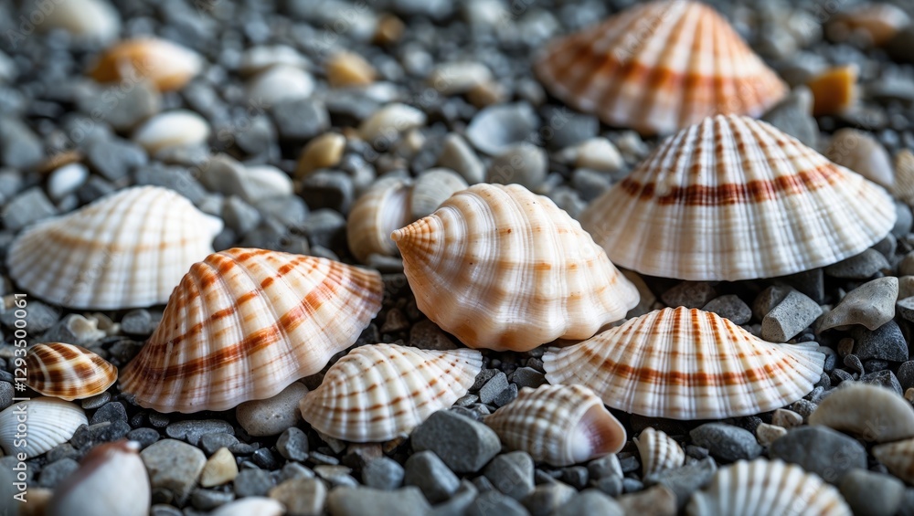Poster seashells resting on a bed of smooth pebbles showcasing nature's beauty and texture in a coastal set