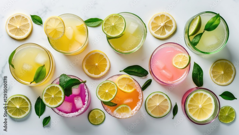 Poster colorful assortment of refreshing lemonade and cocktails with lemon and lime slices on white marble 