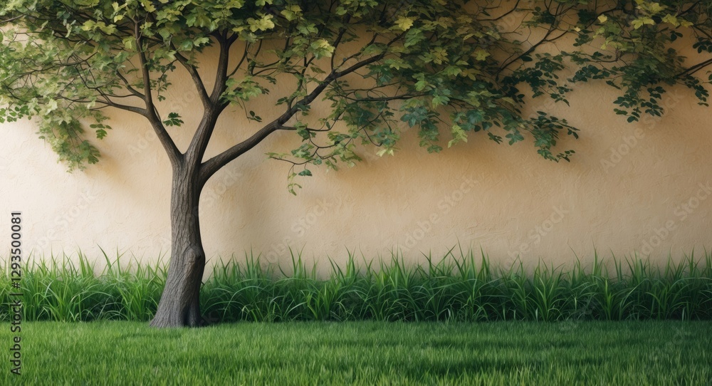 Poster serene tree against textured wall with lush grass below, featuring a peaceful natural backdrop and a