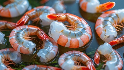 Freshly harvested Penaeus Monodon shrimps showcasing vibrant colors in a natural aquatic environment ideal for seafood culinary displays.