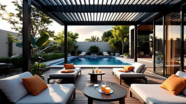 Luxury Outdoor Patio with Lounge Chairs and Poolside Pergola in Modern Villa &ndash; Relaxation and Real Estate Animation Background for Lifestyle, Vacation, and Hospitality Motion Graphics Projects