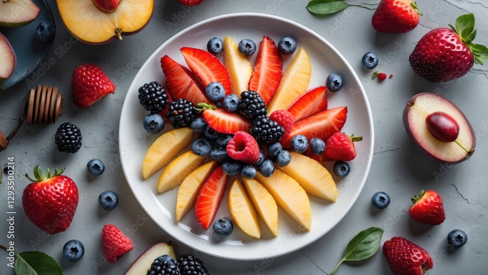Poster vibrant sliced fruits arrangement on white plate showcasing healthy dessert with fresh berries and m