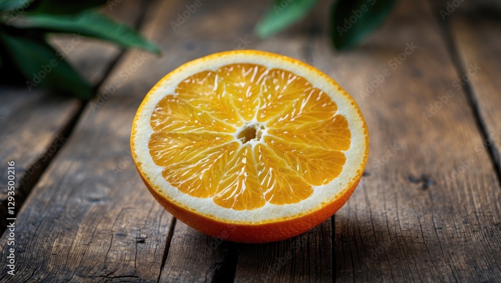 Aufkleber Freshly Cut Orange Slice on Rustic Wooden Table with Lush Green Background and Space for Text or Design Elements