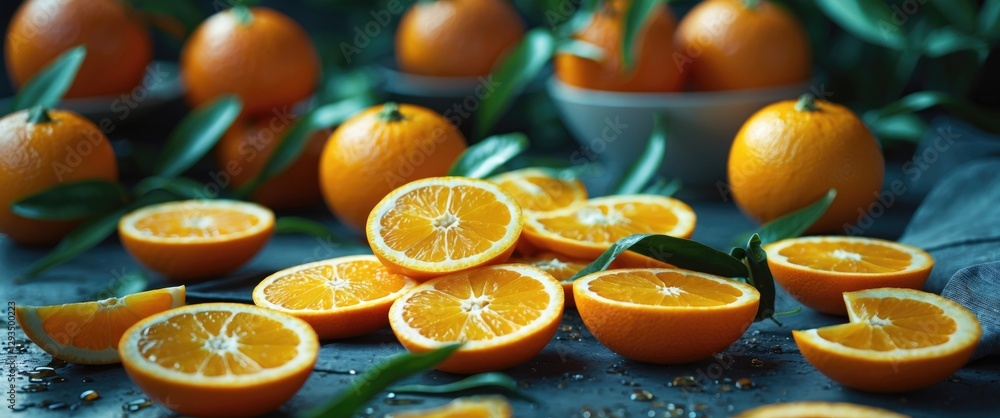 Poster sliced oranges arranged beautifully with whole fruit and green leaves on a dark rustic surface for a