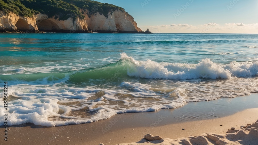 Poster serene beach scene with gentle waves lapping the shore and visitors enjoying a sunny day with clear 