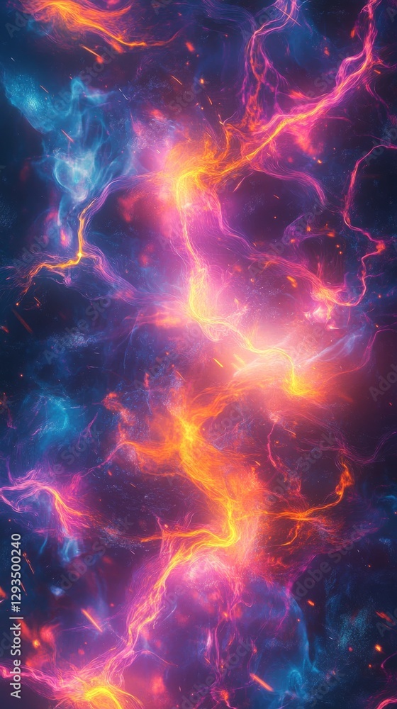 Poster abstract vibrant cosmic energy flow with glowing orange and blue currents, dynamic light pattern. fu