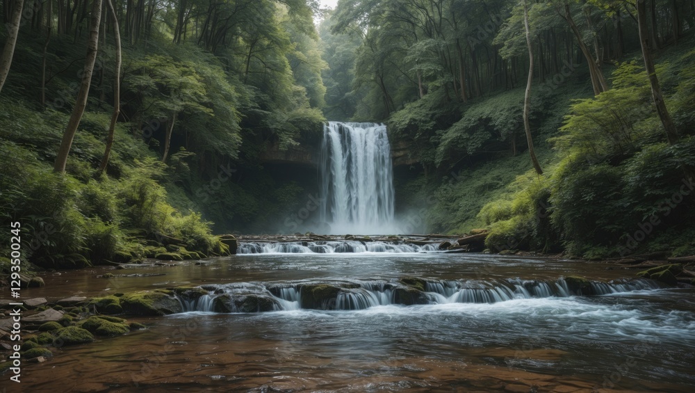 Poster serene panoramic view of a cascading waterfall surrounded by lush green forest with clear water stre