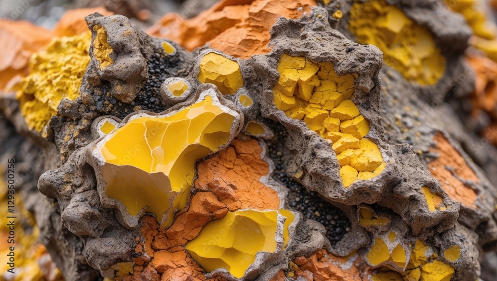 Poster vibrant close-up of yellow and orange mineral deposits with earthy brown textures, showcasing an abs