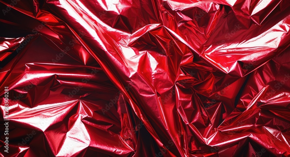 Poster Vibrant red crumpled foil texture creating a glossy holiday backdrop perfect for creative design projects and festive themes.