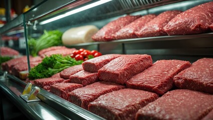 Fresh raw ground beef displayed in a refrigerated showcase with vibrant vegetables and herbs highlighting its quality and freshness.