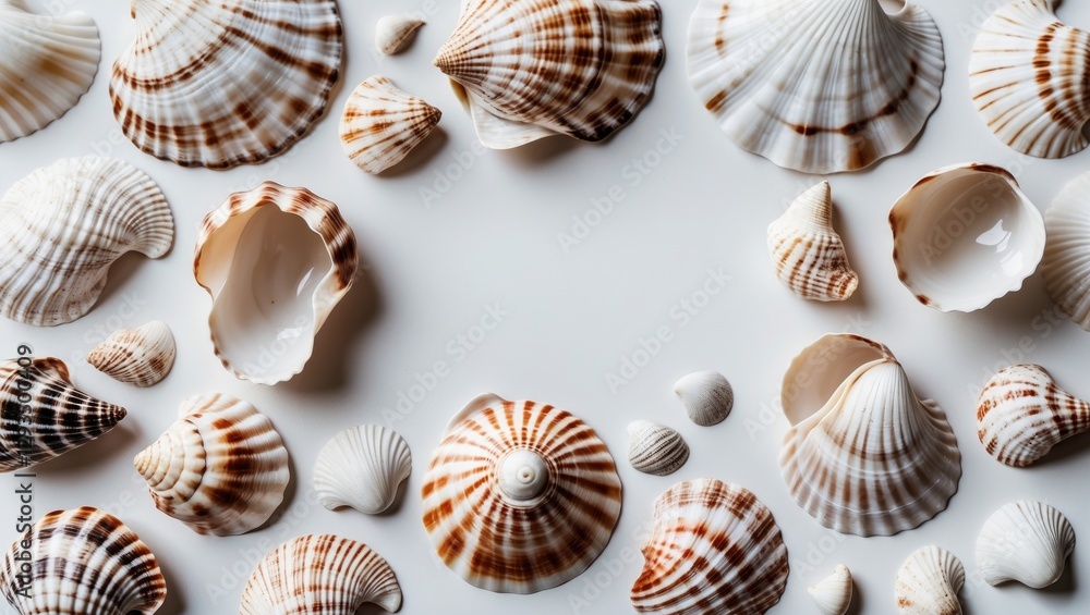 Poster Variety of seashells on a white background creating a serene coastal ambiance with space for text or design elements.