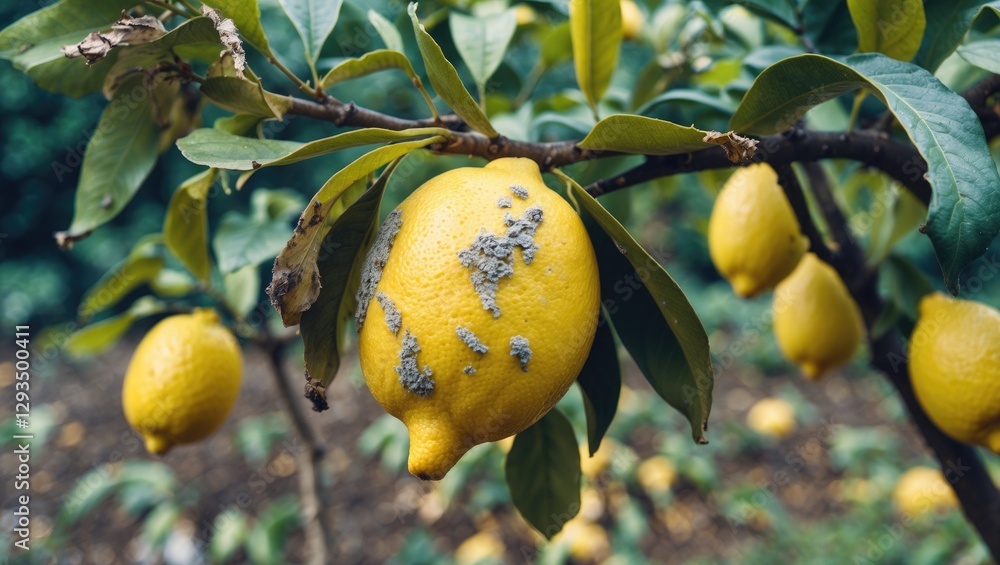 Poster Lemon with Fungal Infection on Tree Branch in Organic Garden Setting with Copy Space for Text and Background Bokeh of Lemon Trees