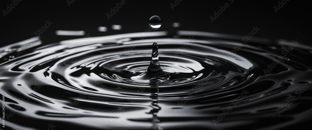 Poster black and white water ripples from a droplet creating liquid texture in dark mood setting for abstra